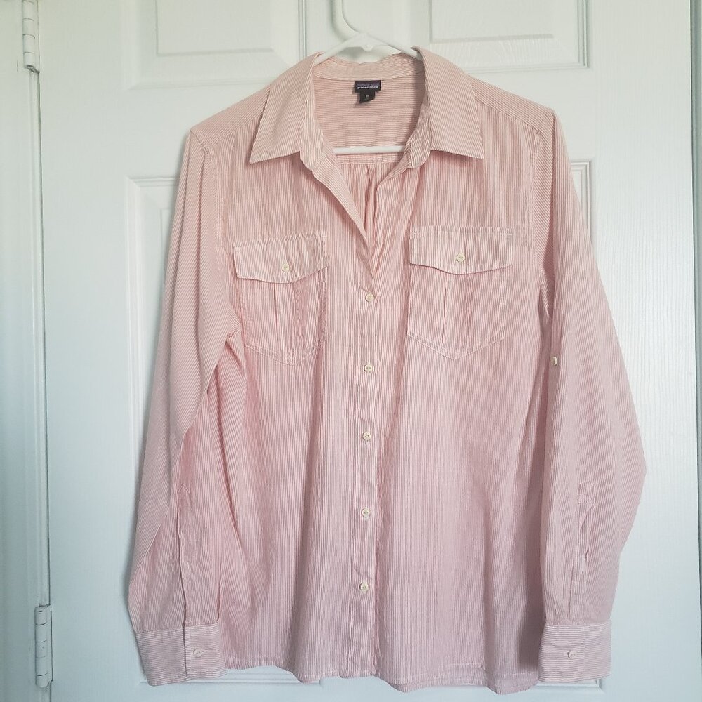Patagonia White and Orange Long Sleeve Button Down Shirt